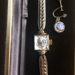 Vintage Bundle-  Ladies Gruen 10k Plate Watch & Opalescent Screwback Earrings